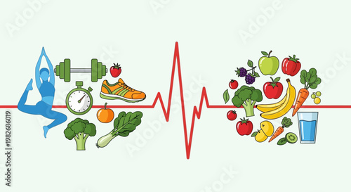 Healthy lifestyle collage: exercise, fitness, and nutritious food with heartbeat line