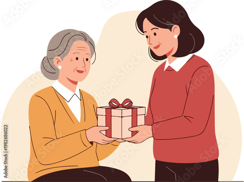 Woman giving gift to senior.