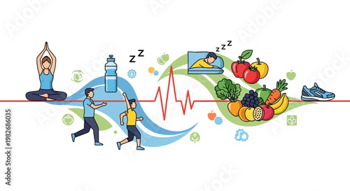 Healthy Lifestyle Concept: Exercise, Nutrition, Sleep, and Yoga