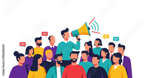 A group of diverse people gathered around a leader speaking into a megaphone, symbolizing communication, leadership, and public announcement in a community or business setting
