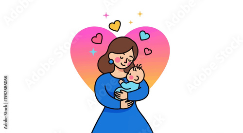 A loving mother tenderly holding her baby, surrounded by hearts symbolizing affection and warmth, celebrating the beautiful bond of motherhood