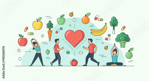 Healthy lifestyle concept: fitness, nutrition, and wellness with heart symbol