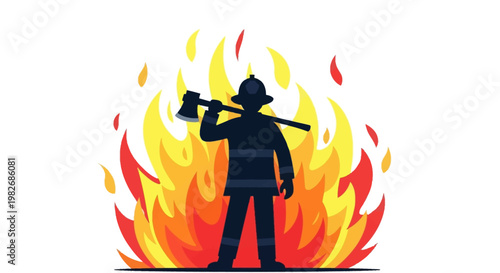 Silhouette of a brave firefighter holding an axe, standing against a backdrop of roaring flames, representing courage and emergency response services
