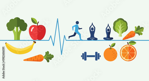 Healthy lifestyle concept: fitness, nutrition, yoga, and well-being with heart rate line