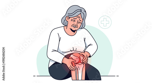 Elderly woman suffering from knee pain, arthritis, joint inflammation, and bone problems