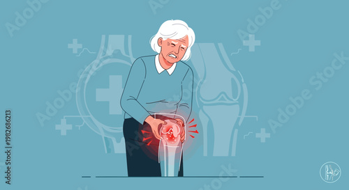 Elderly woman suffering from knee pain, arthritis, joint inflammation, and discomfort.