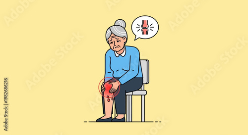Elderly woman suffering from knee pain, arthritis, joint inflammation, and joint problems.