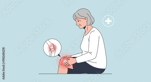 Elderly woman suffering from knee pain, arthritis, joint inflammation, medical illustration.