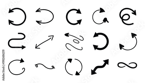 Diverse collection of black arrow icons with rounded lines, for modern graphic design.