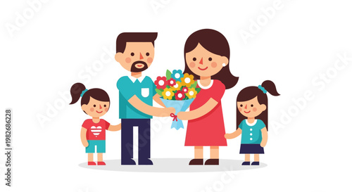 Joyful family celebration with a father and two daughters gifting a vibrant flower bouquet to their happy, pregnant mother, illustrating love, happiness, and special family bonds