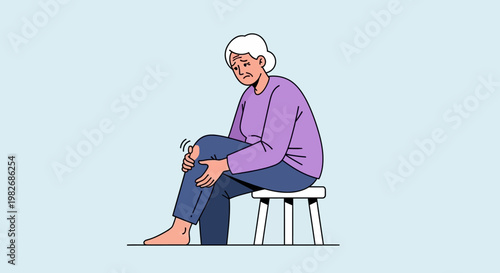 Elderly woman suffering from knee pain, arthritis, joint pain, sitting on a stool, feeling unwell