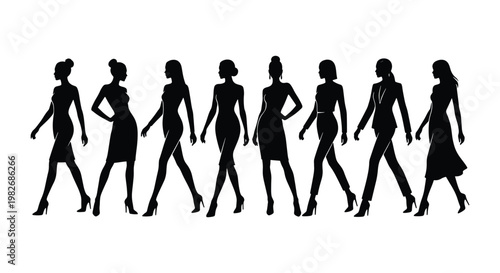 Fashion model silhouettes in walking poses, elegant women figures set, professional female business silhouettes for runway and lifestyle design