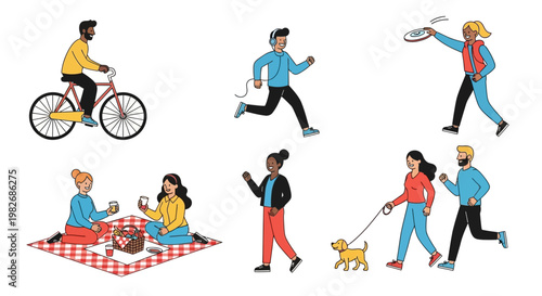 Diverse Group of People Enjoying Various Outdoor Activities Cycling, Running, Picnicking, and Walking a Dog