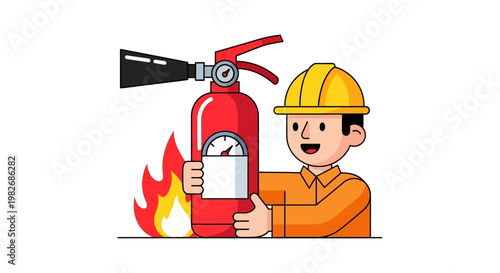 Man holding a fire extinguisher near flames, symbolizing safety and emergency preparedness in a workplace or industrial setting