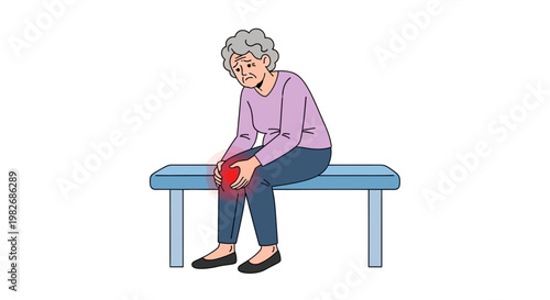 Elderly woman suffering from knee pain, sitting on a bench with a red highlighted knee.