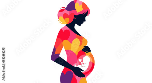 Pregnancy Silhouette Illustration with Heart Pattern and Fetus Outline symbolizing love and new life