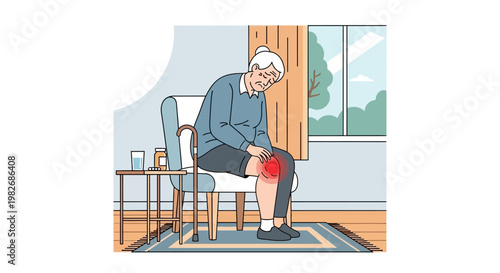Elderly woman with knee pain sitting on chair, joint inflammation, discomfort, healthcare concept