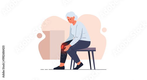 Elderly woman with knee pain sitting on a stool, suffering from arthritis or injury