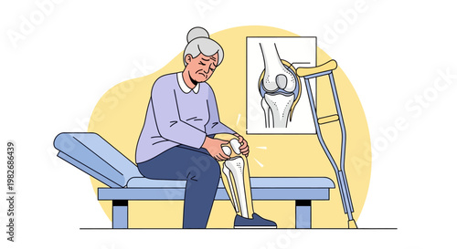 Elderly Woman with Knee Pain Sitting on Medical Couch, Showing Joint Inflammation