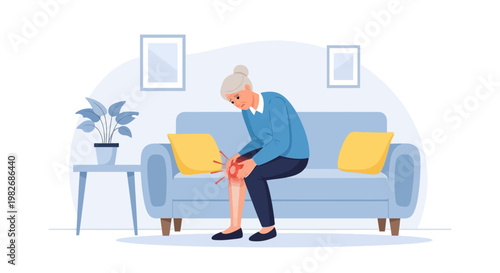 Elderly woman with knee pain sitting on couch, feeling discomfort and arthritis