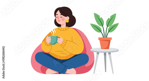 Cozy woman relaxing with a warm drink in a comfortable setting with a potted plant nearby