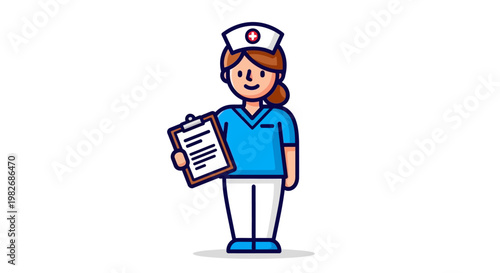 Cartoon nurse in blue uniform with a hat holding a clipboard, vector illustration