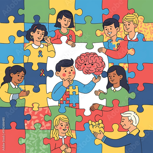 Diverse children with autism puzzle piece.