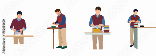 Flat vector illustrations of a man in multiple poses preparing food and using various storage containers in a kitchen environment.