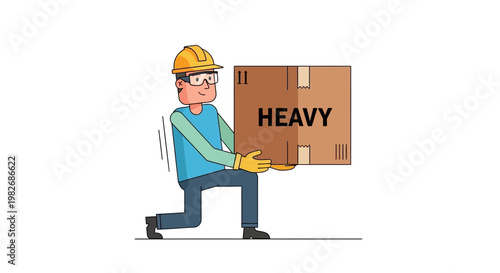 Worker carrying a heavy box with text HEAVY, graphic illustration of a person wearing a hard hat and lifting a package, safety and labor concept