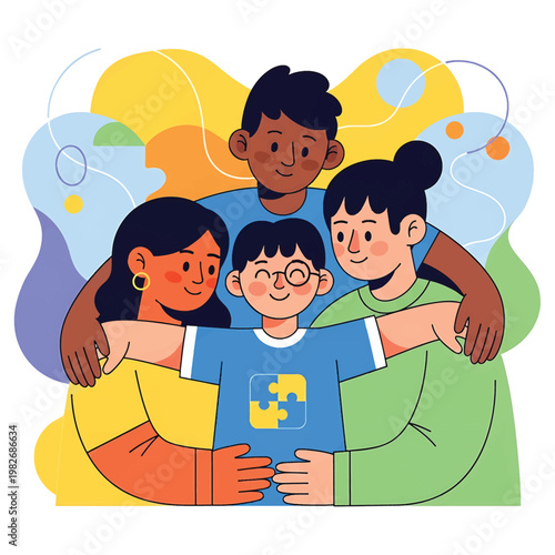 Diverse family in a warm hug.