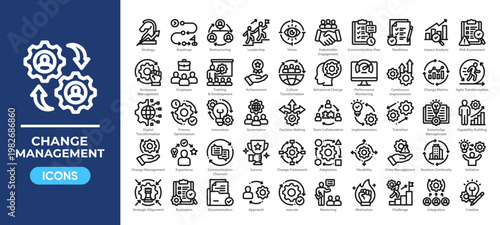 Change management icon set featuring strategy, transformation, leadership, and process improvement icon. Simple line vector.