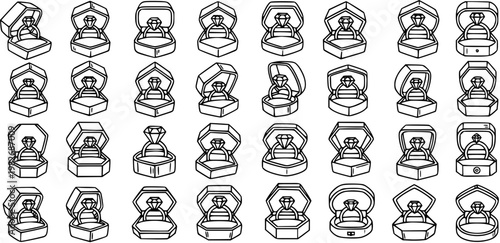 Black and White Line Art Icon Set of Diamond Rings in Open Gift Boxes, Wedding and Engagement Jewelry