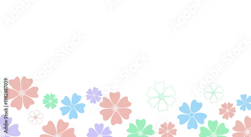A collection of delicate, pastel-colored flowers blooming along the bottom edge of a clean, white background, creating a charming and airy spring or summer floral motif for design projects