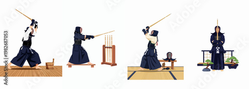 Set of Kendo martial arts illustrations featuring practitioners in traditional protective gear and training with bamboo swords in various dojo-inspired settings.