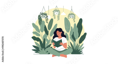 World Book Day Concept Featuring a Peaceful Reader Among Plants Isolated on White