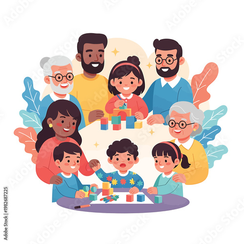 Diverse family with children playing blocks.