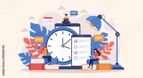 Mastering Time and Digital Learning Flat Vector Concept