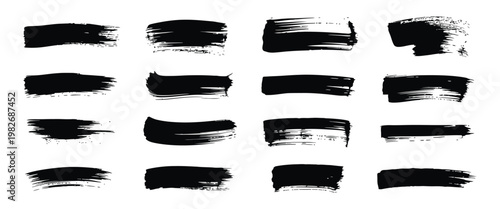 Abstract black grunge banner collection, rough ink brush strokes, censorship bars, textured vector paint lines, creative design assets for branding, posters, and digital layouts.