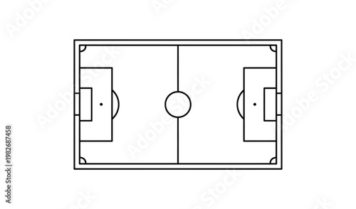 Top view of a minimalist black and white line drawing of a soccer field, showcasing goals, center circle, and boundary lines on a clean background.