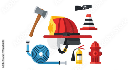 Firefighter equipment and safety gear collection, including axe, helmet, hose, hydrant, and traffic cone illustrations for emergency services