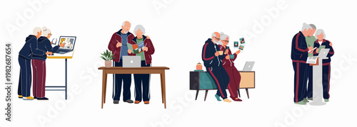 Set of elderly couples and seniors using modern technology like laptops and smartphones for various activities at home, flat vector illustration.