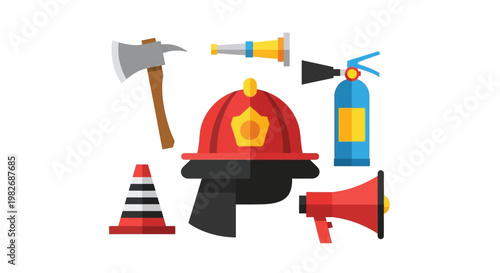 Collection of essential firefighting equipment and tools, including a helmet, axe, extinguisher, and megaphone