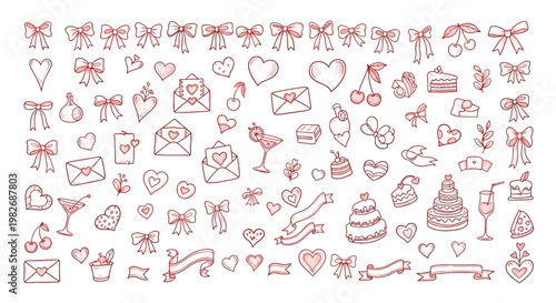 Hand-drawn collection of romantic and celebratory icons, including hearts, bows, cakes, and envelopes, perfect for invitations, cards, and decorations