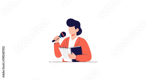Speaker holding a microphone and a notebook, delivering a presentation with confidence and professionalism, engaging audience with captivating speech and clear articulation