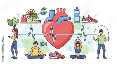 Healthy lifestyle concept: heart, fitness, nutrition, yoga, cardio, wellness