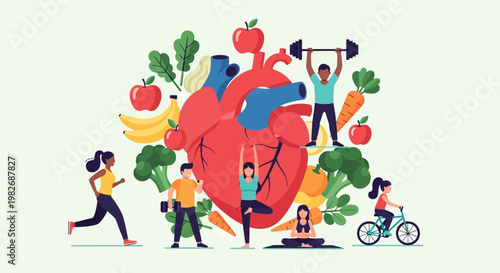 Healthy lifestyle concept: heart, exercise, yoga, healthy food, running, cycling, weightlifting