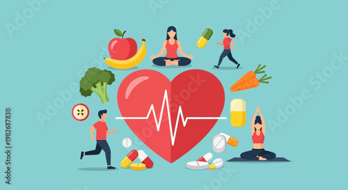 Healthy Lifestyle Concept: Heart, Fitness, Nutrition, Yoga, Medicine, and Active People