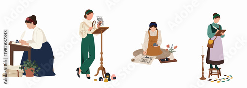 Set of vintage illustrations featuring women engaged in classical writing, reading, and scholarly activities using quills, scrolls, and magnifying glasses.