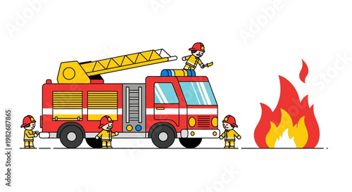 Firefighting team in action with fire truck and flames, representing emergency response and safety