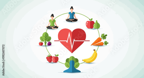 Healthy lifestyle concept: heart, yoga, fruits, vegetables, and exercise